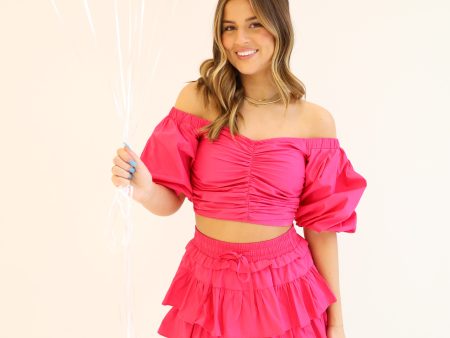 PUFF SLEEVE HOT PINK TOP For Cheap