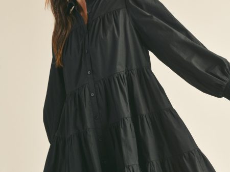 BLACK BUTTON DOWN LONG SLEEVE DRESS For Cheap