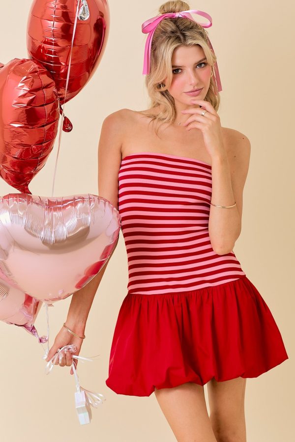 PINK AND RED STRIPED BUBBLE MINI DRESS Sale