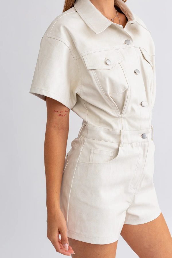 FAUX LEATHER SHORT SLEEVE ROMPER IN CREAM Cheap