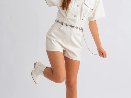 FAUX LEATHER SHORT SLEEVE ROMPER IN CREAM Cheap