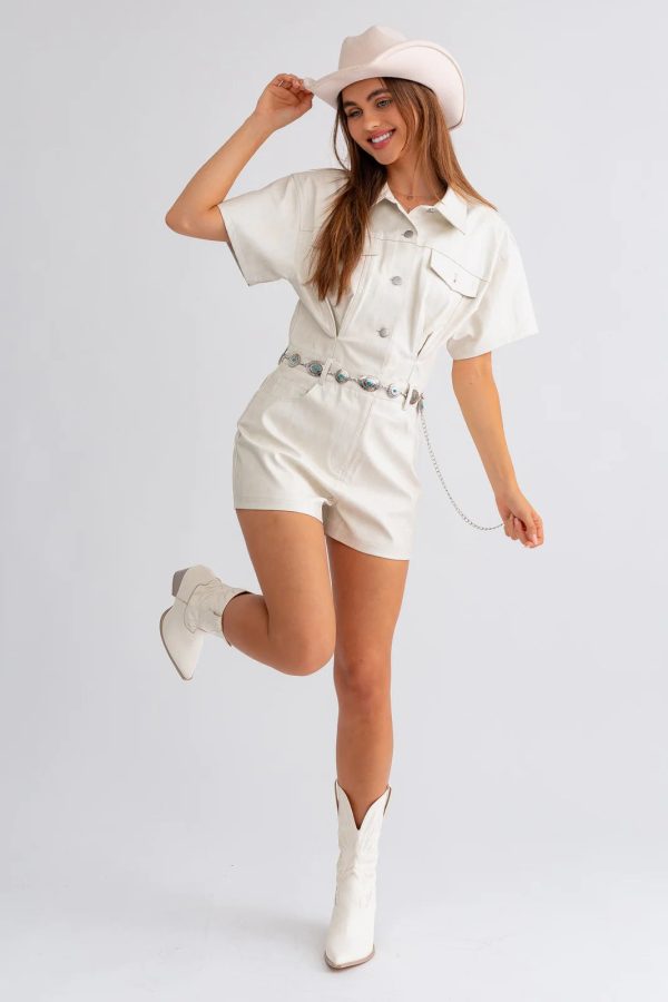 FAUX LEATHER SHORT SLEEVE ROMPER IN CREAM Cheap