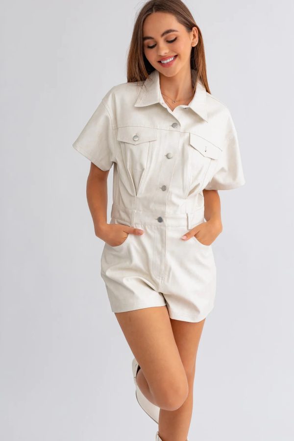 FAUX LEATHER SHORT SLEEVE ROMPER IN CREAM Cheap