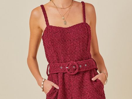 TWEED BELTED ROMPER IN WINE Online now