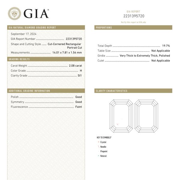 2.08ct 14.01x7.81x1.54mm GIA SI1 H Cut Corner Rectangle Portrait Cut 25540-01 For Cheap