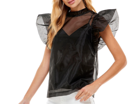 ORGANZA RUFFLED SLEEVE TOP IN BLACK Online Sale