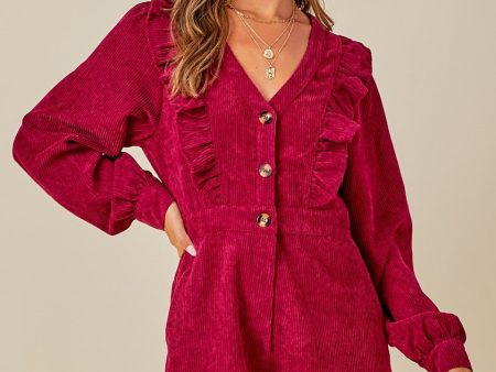 RUFFLE DETAIL LONG SLEEVE CORDUROY ROMPER Fashion